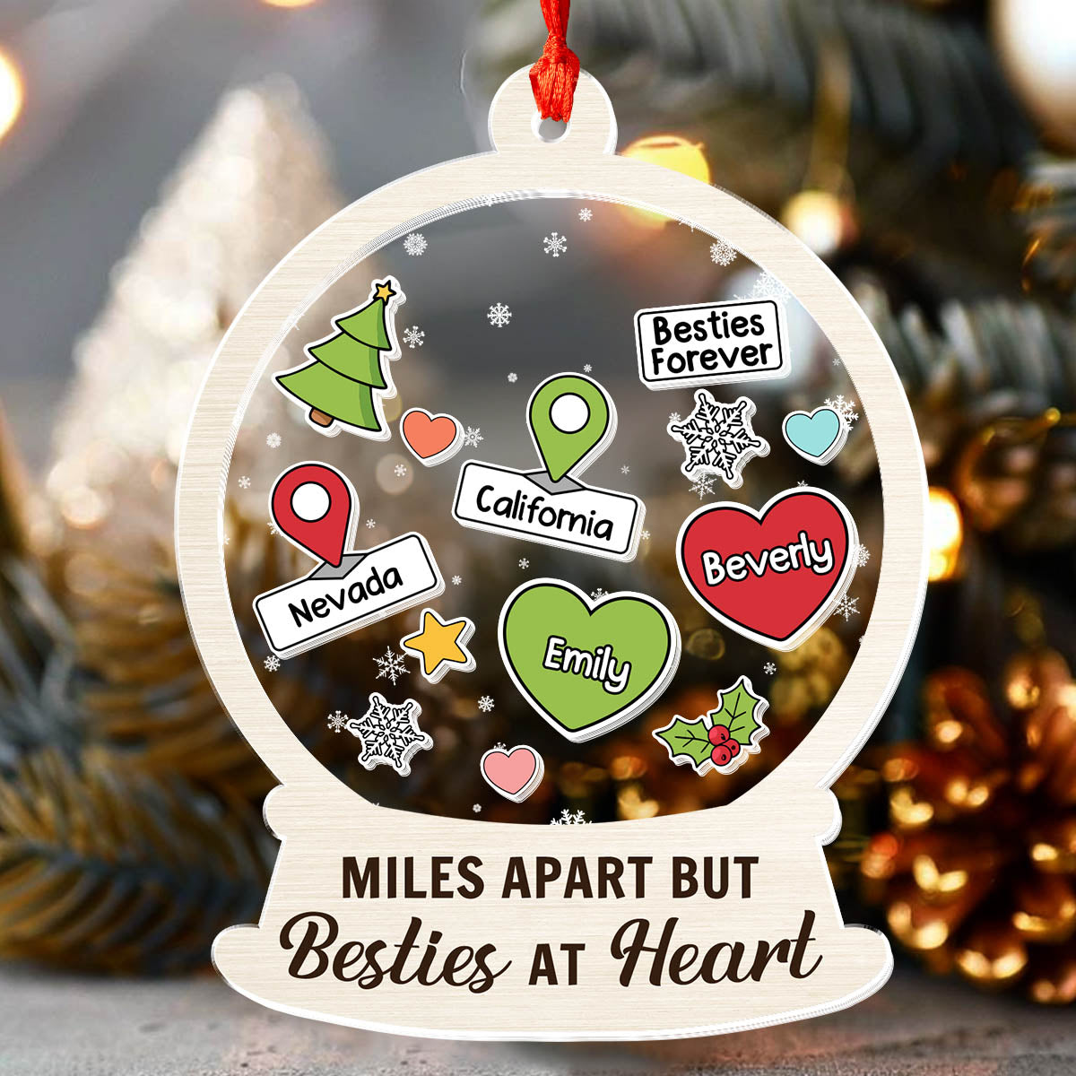 Miles Apart But Besties At Heart - Personalized 3 Layered Christmas Shaker Ornament