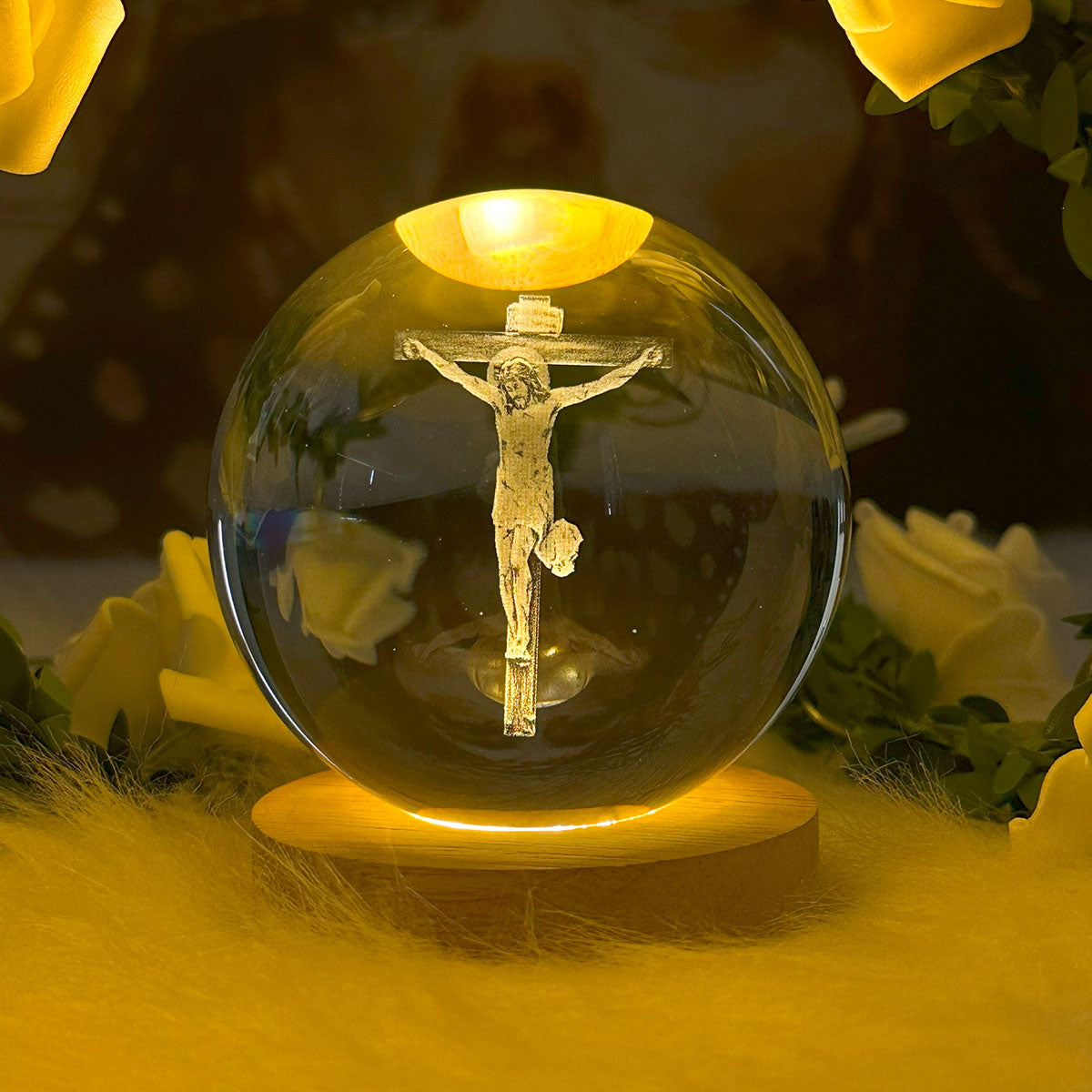 3D Jesus Engraved Wooden Light Base Crystal Globe