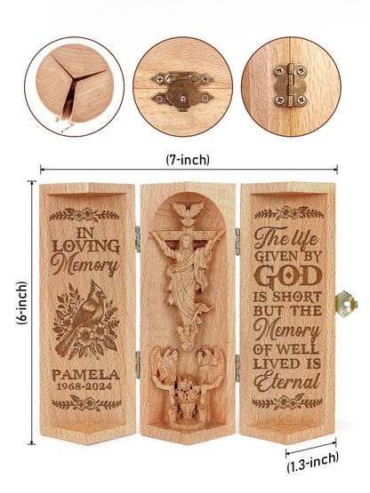 The Life Given By God Is Short But The Memory Of Well Lived Is Eternal - Memorial Wooden Cylinder Sculpture of Jesus Christ
