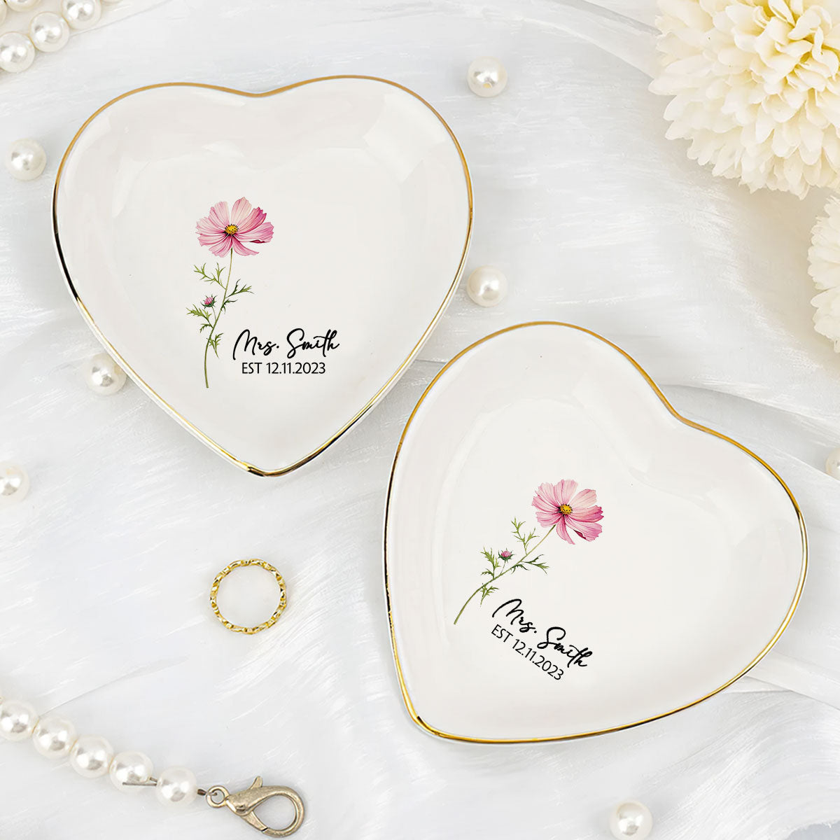 Birth Month Flower - Personalized Heart Shaped Jewelry Dish FCSHSCRDLEHA2558L