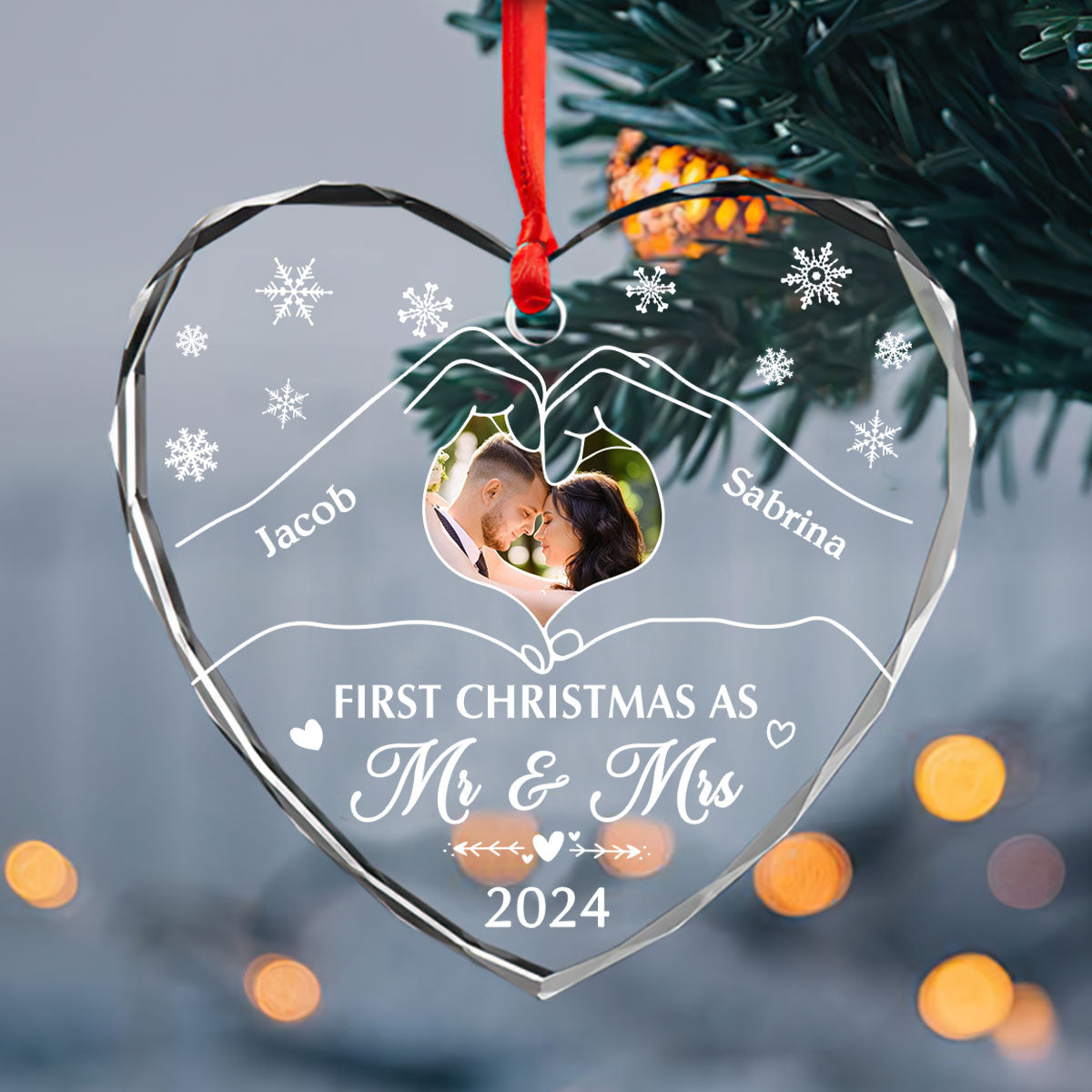 First Christmas Newly Wedding Couple - Personalized Heart Shaped Glass Ornament FCHGOLEHA2198L