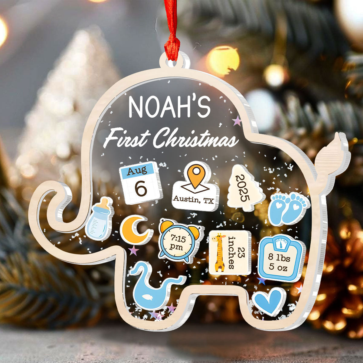 Baby’s First Christmas Elephant Treasure - Personalized 3 Layered Christmas Shaker Ornament