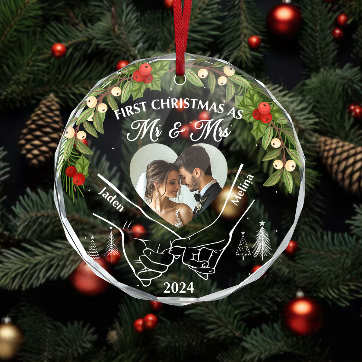 Holding Hands First Christmas Newlywed Couple - Personalized Custom Glass Ornament FCURGOPLEHA2229TA