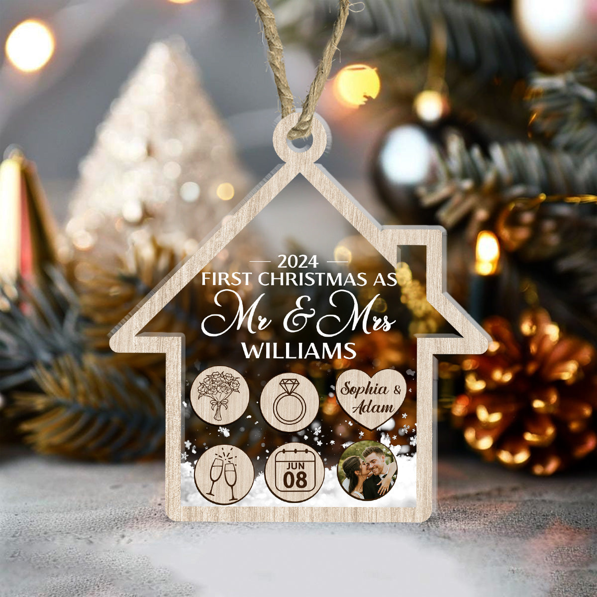 First Christmas As Mr & Mrs For Newly Married Couple - Personalized 3 Layered Christmas Shaker Ornament FCCSOLETN2191L