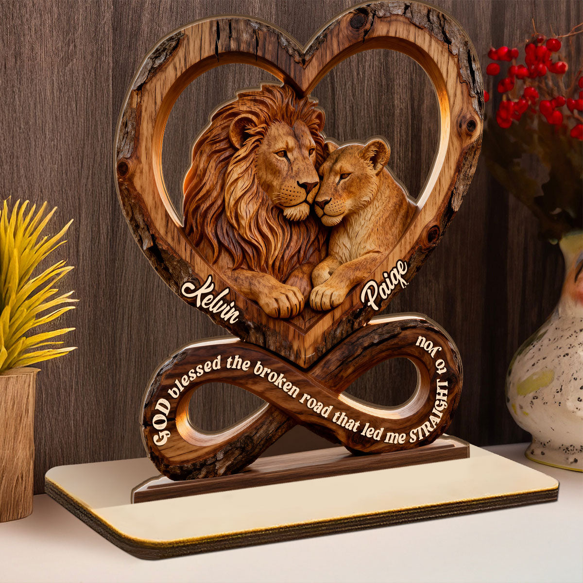 God Blessed The Broken Road That Led Me Straight To You - Personalized 2-Layer Wood Plaque With Flat Base