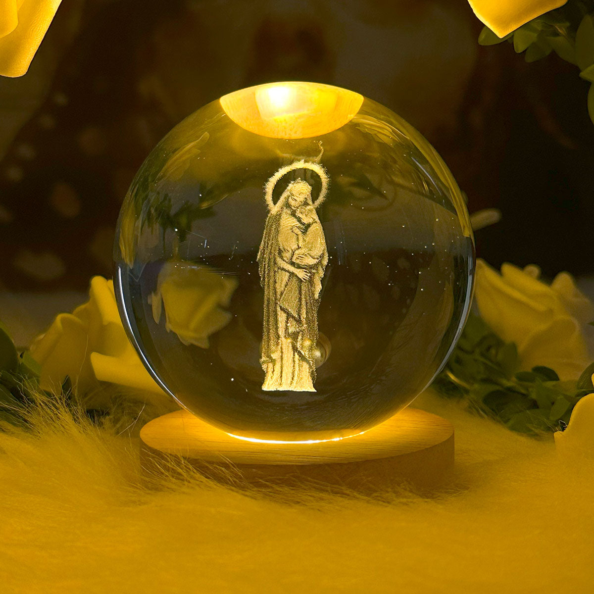 3D Virgin Mary And The Baby Jesus Wooden Light Base Crystal Globe