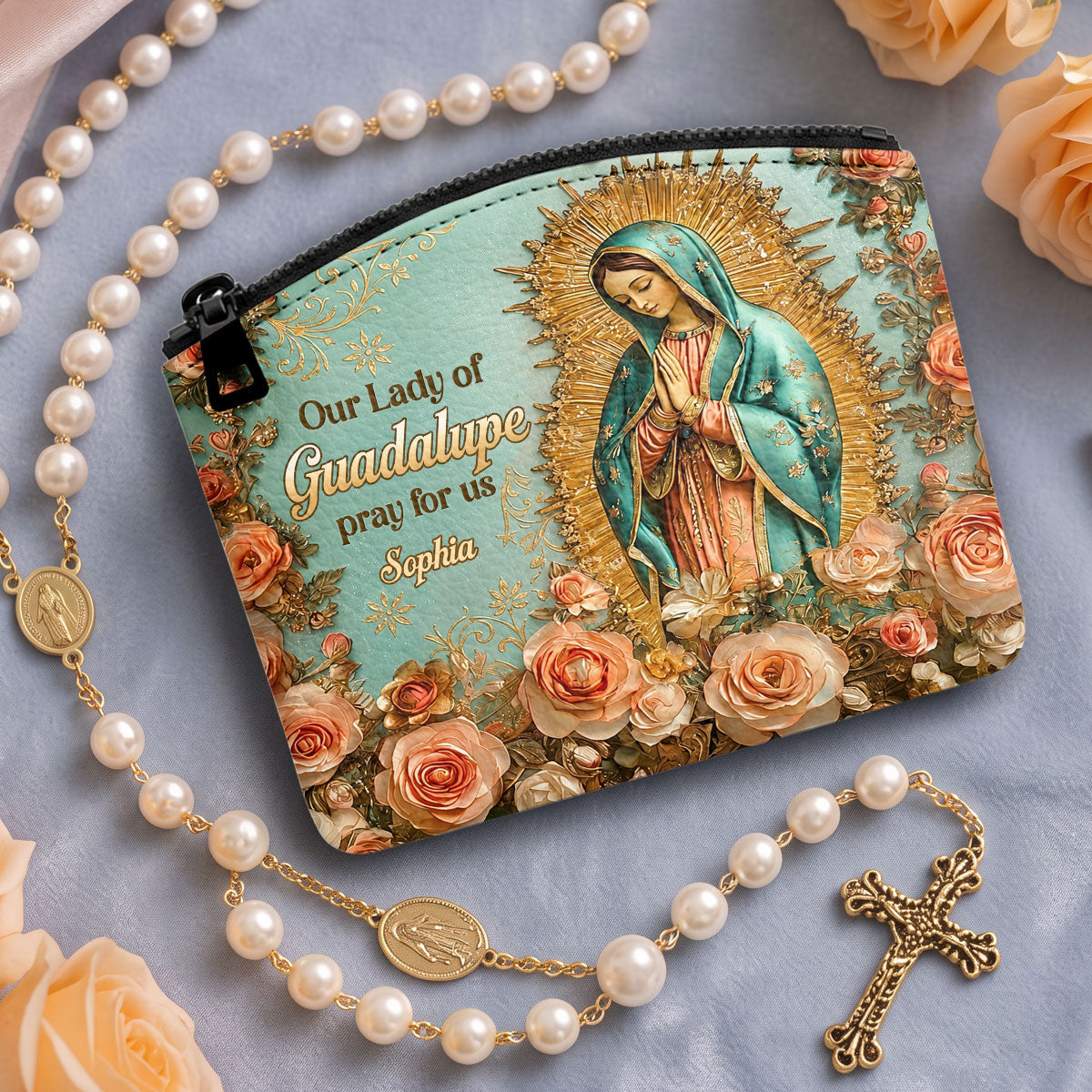 Our Lady Of Guadalupe Pray For Us - Personalized Leather Rosary Pouch