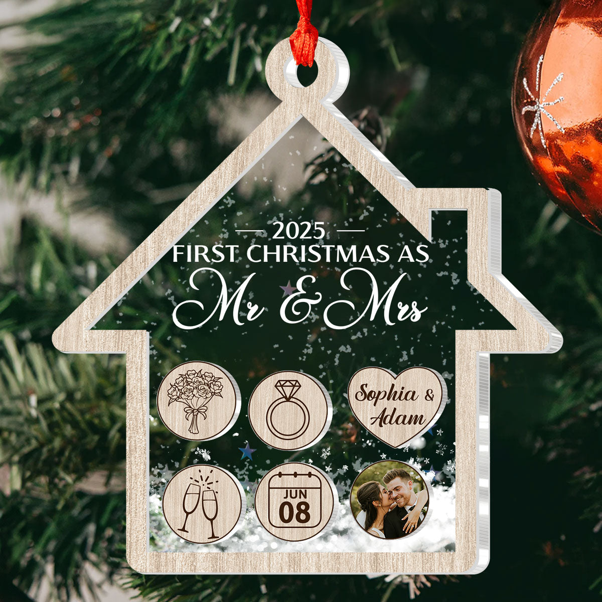 First Christmas As Mr & Mrs For Newly Married Couple - Personalized 3 Layered Christmas Shaker Ornament FCCSOLETN2191L