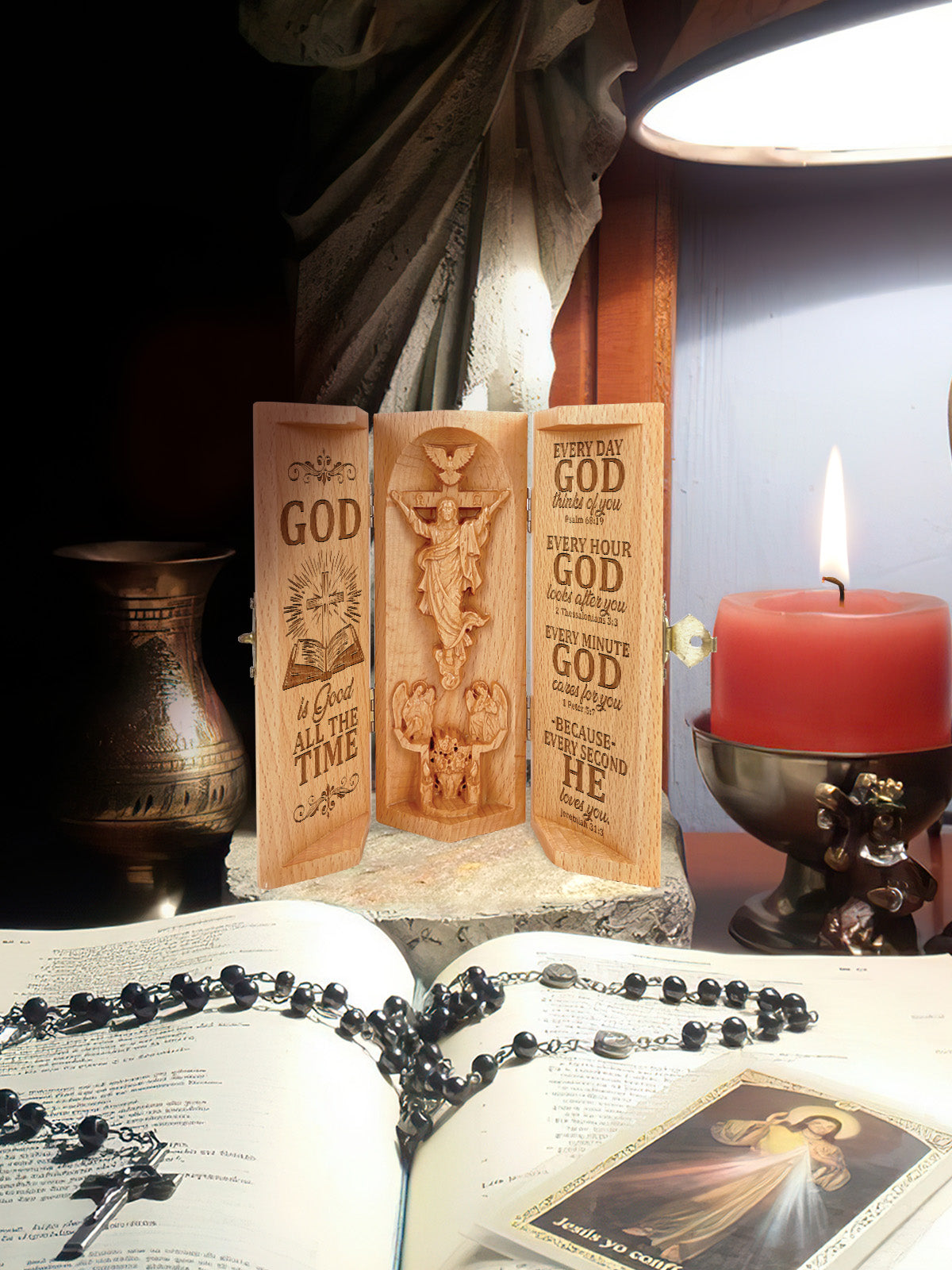 God Is Good All The Time - Openable Wooden Cylinder Sculpture of Jesus Christ FCWJCLETN1895TA