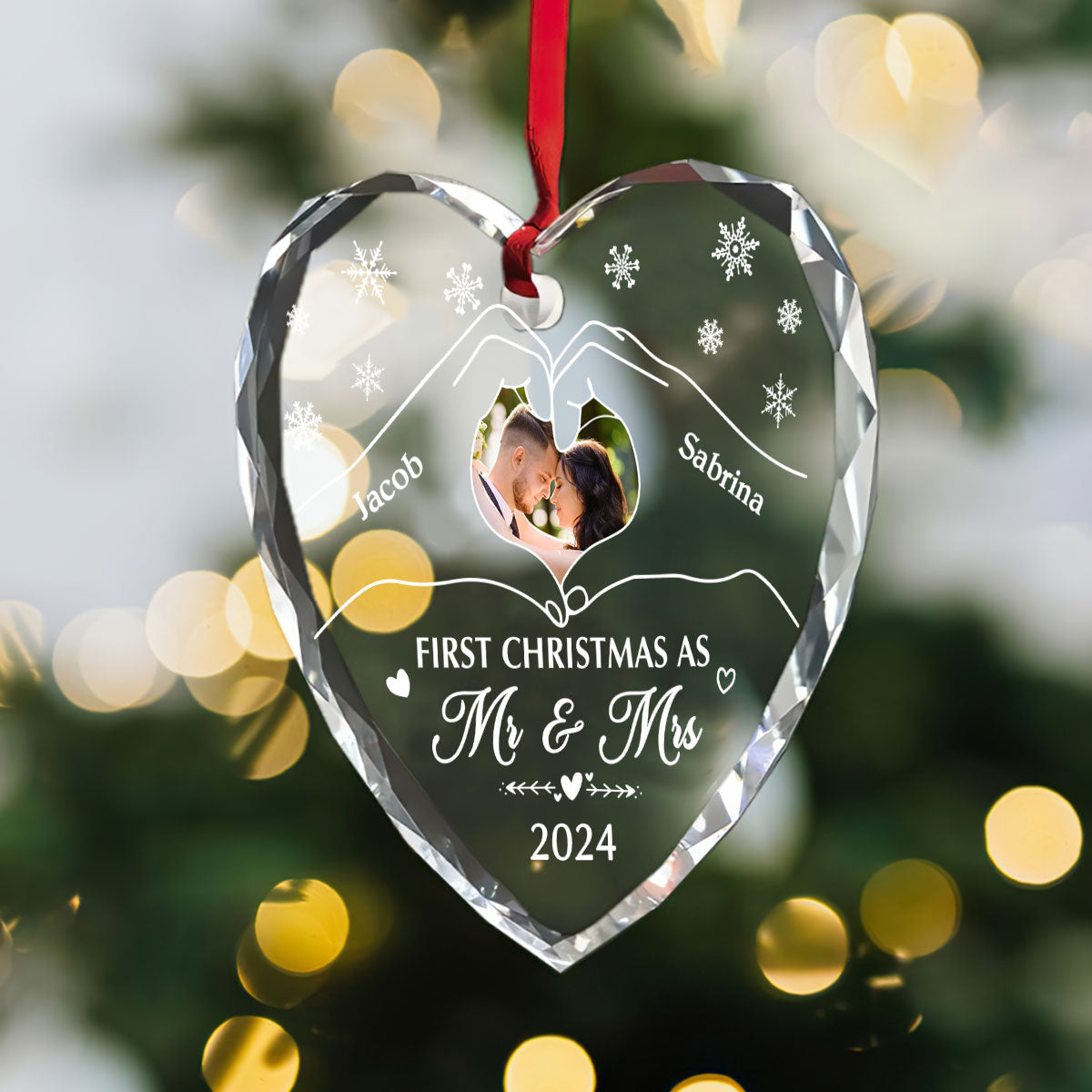 First Christmas Newly Wedding Couple - Personalized Heart Shaped Glass Ornament FCHGOLEHA2198L