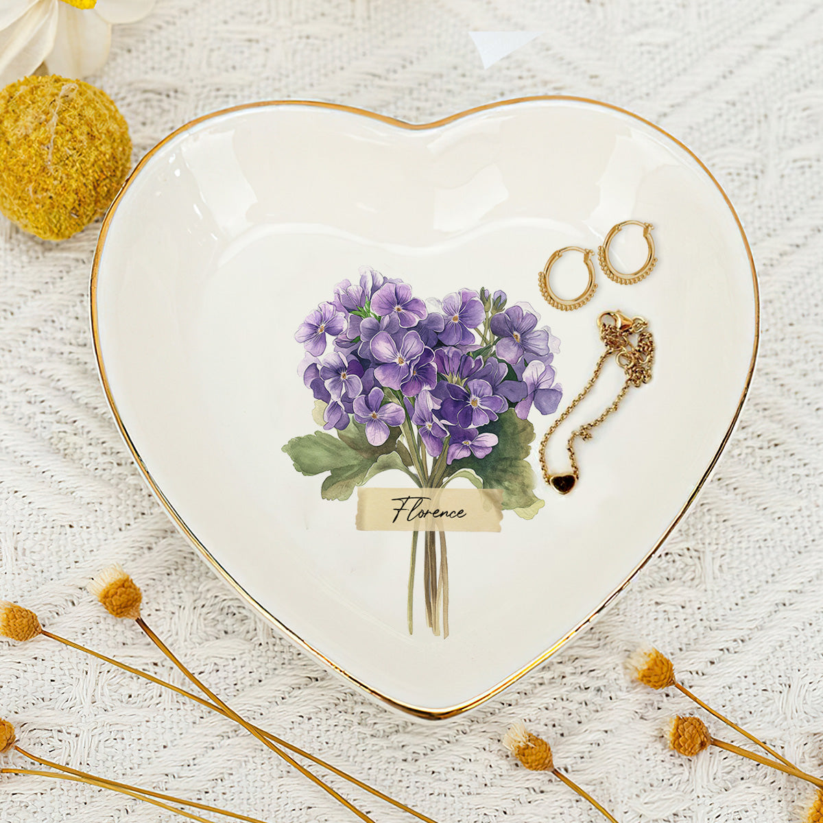 Vintage Birth Month Flower Bouquet - Personalized Heart Shaped Jewelry Dish