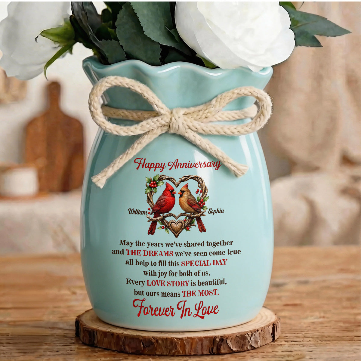 Forever Cardinals Love Keepsake - Personalized Flower Vase With Ribbon