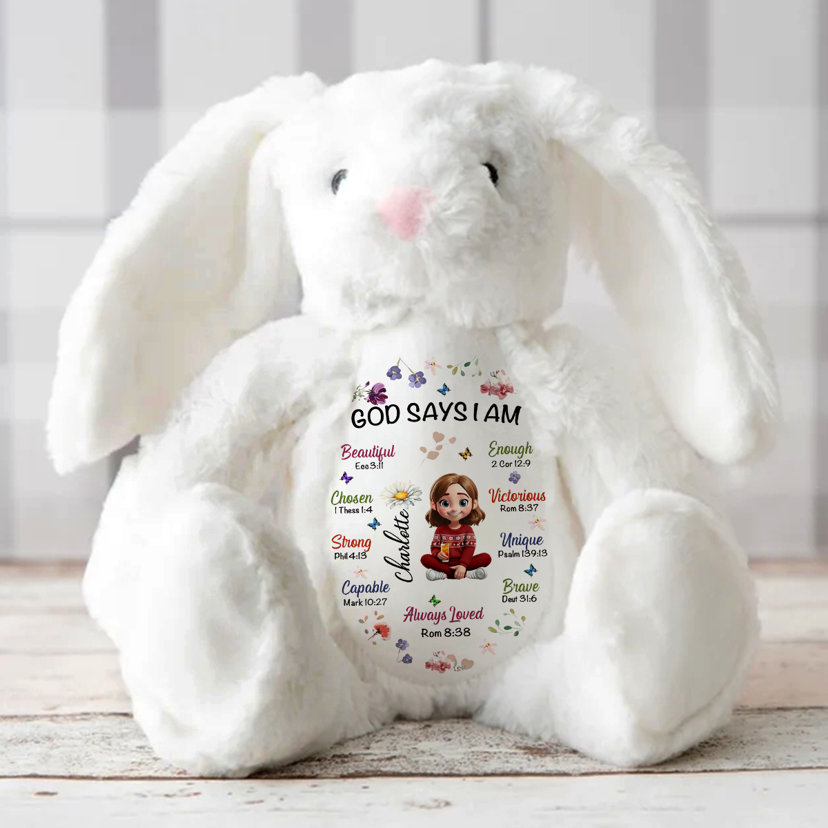 Kid Birth Flower God Says I Am - Personalized Stuffed Bunny