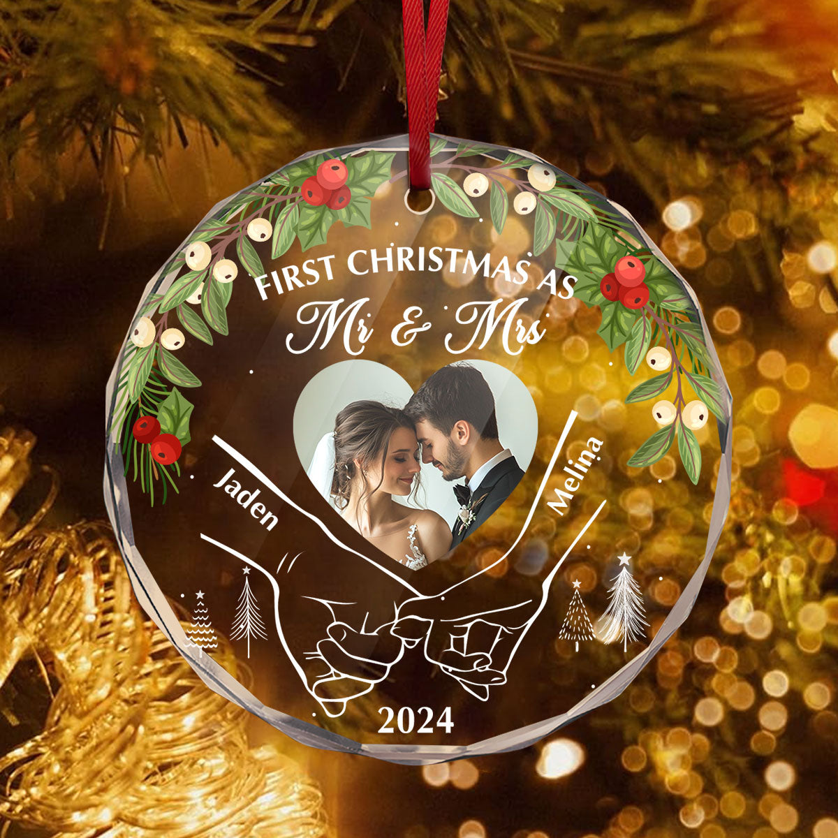 Holding Hands First Christmas Newlywed Couple - Personalized Custom Glass Ornament FCURGOPLEHA2229TA