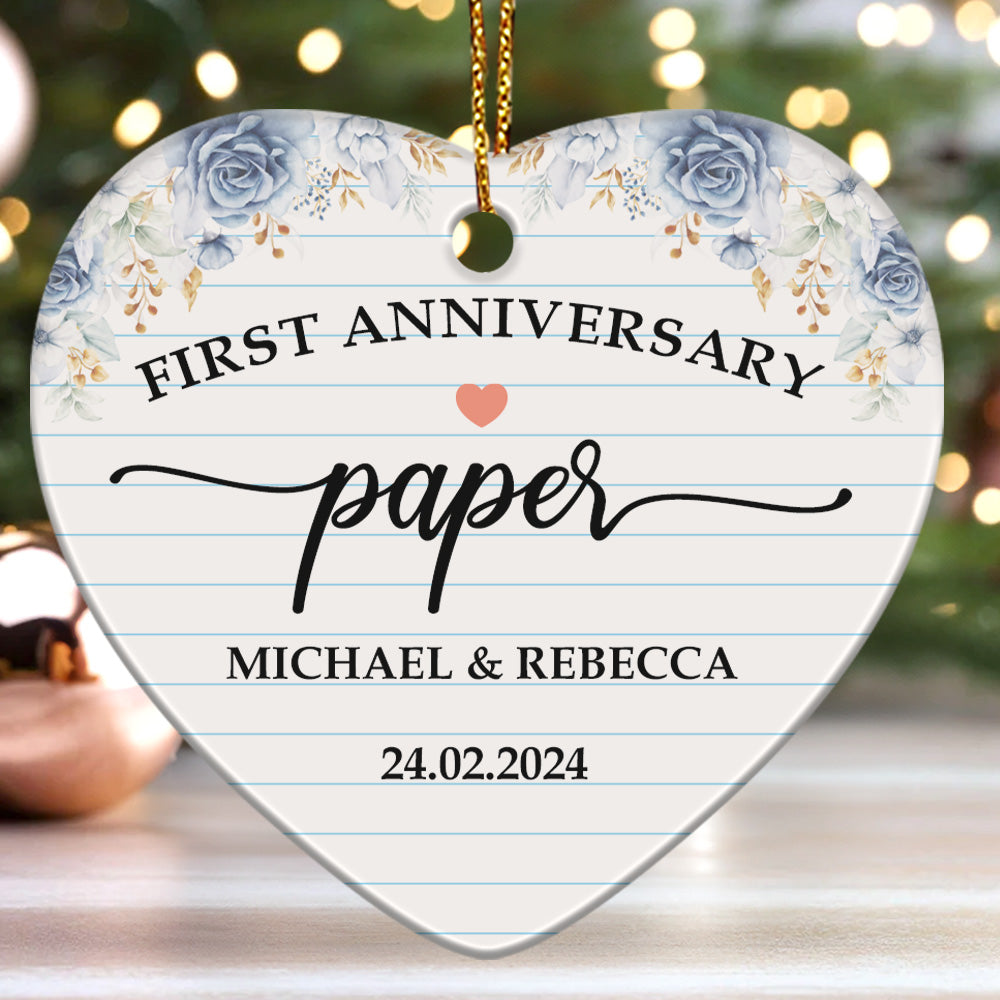 First Anniversary Paper Wedding - Personalized Heart Shaped Ceramic Ornament FCHCOLETN2592M