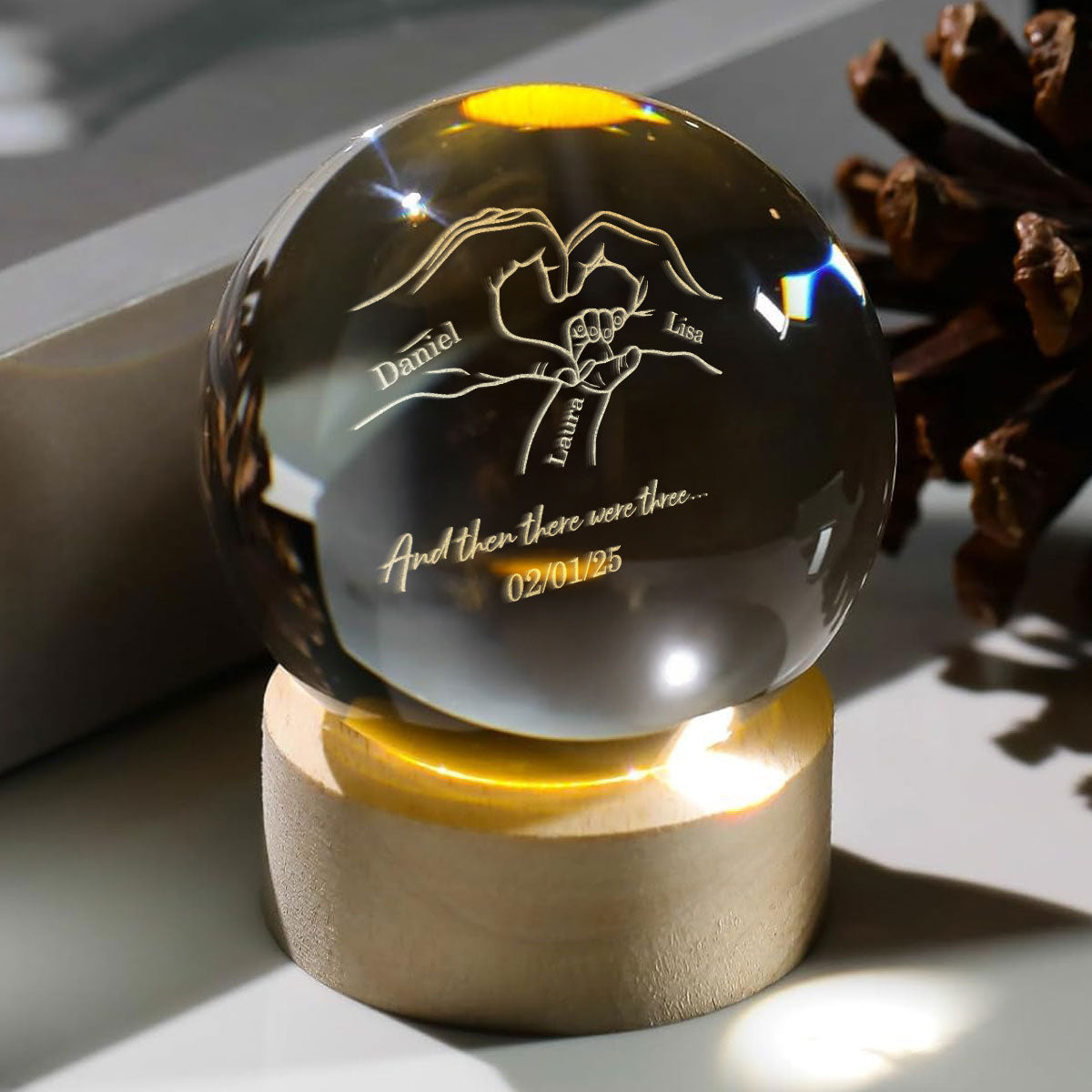 And Then There Were Three First Mom, First Dad - Personalized Crystal Ball Night Light