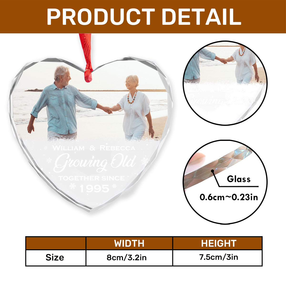 Growing Old Together - Personalized Heart Shaped Glass Ornament FCHGOLETN2715D