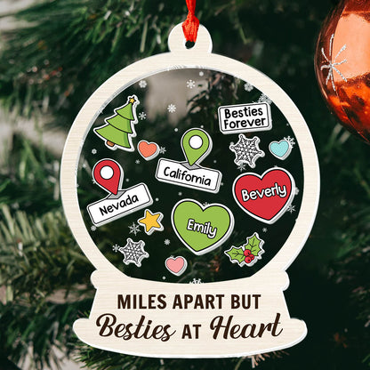 Miles Apart But Besties At Heart - Personalized 3 Layered Christmas Shaker Ornament