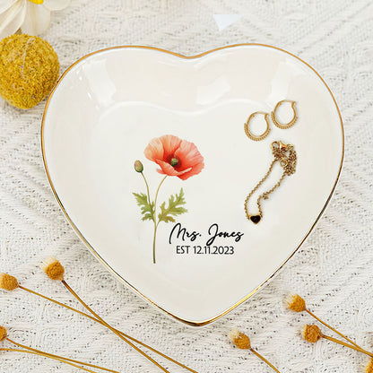 Birth Month Flower - Personalized Heart Shaped Jewelry Dish FCSHSCRDLEHA2558L