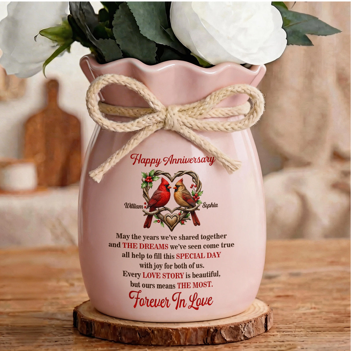 Forever Cardinals Love Keepsake - Personalized Flower Vase With Ribbon