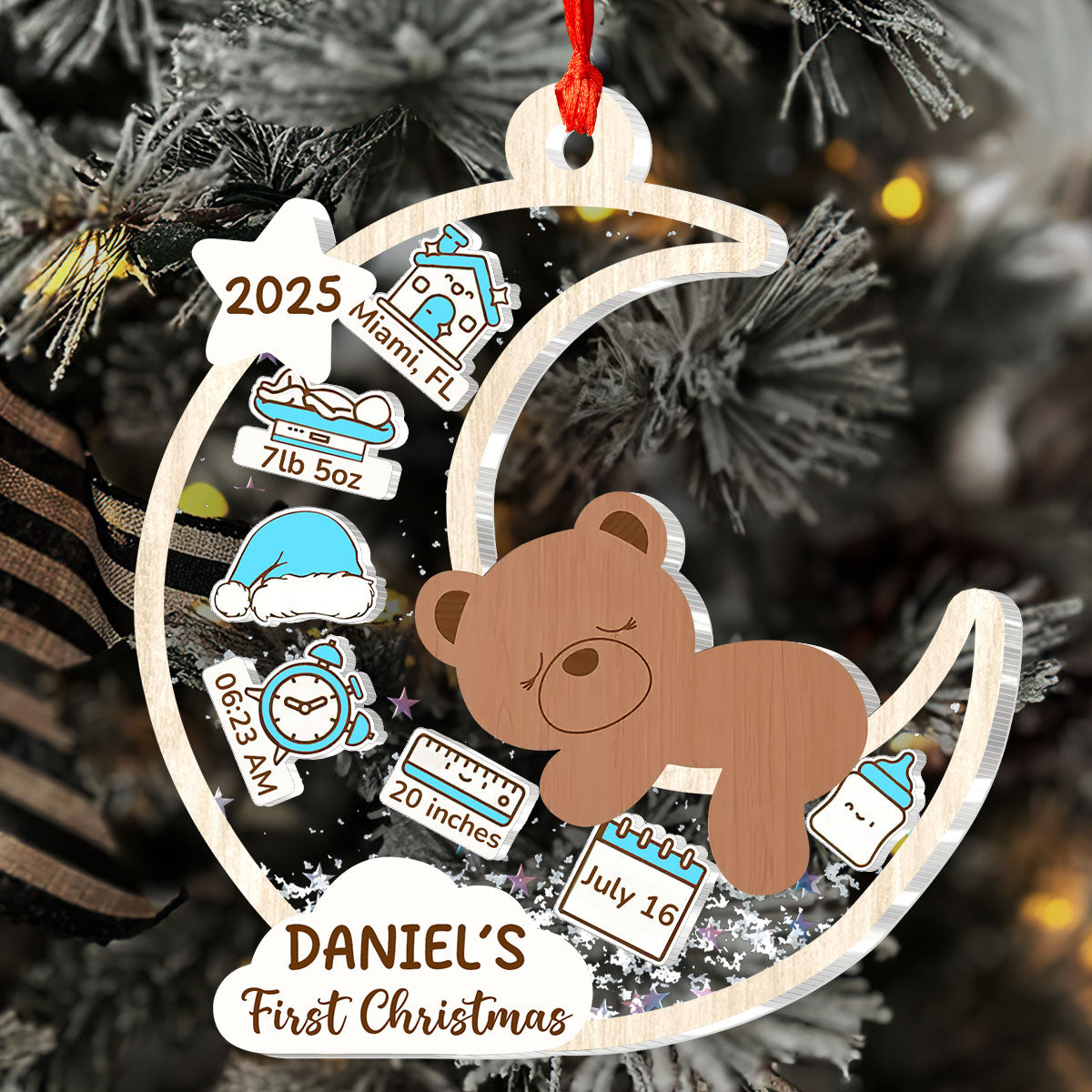 Baby's First Christmas Bear Moon - Personalized 3 Layered Christmas Shaker Ornament FCCSOLEHA2156D