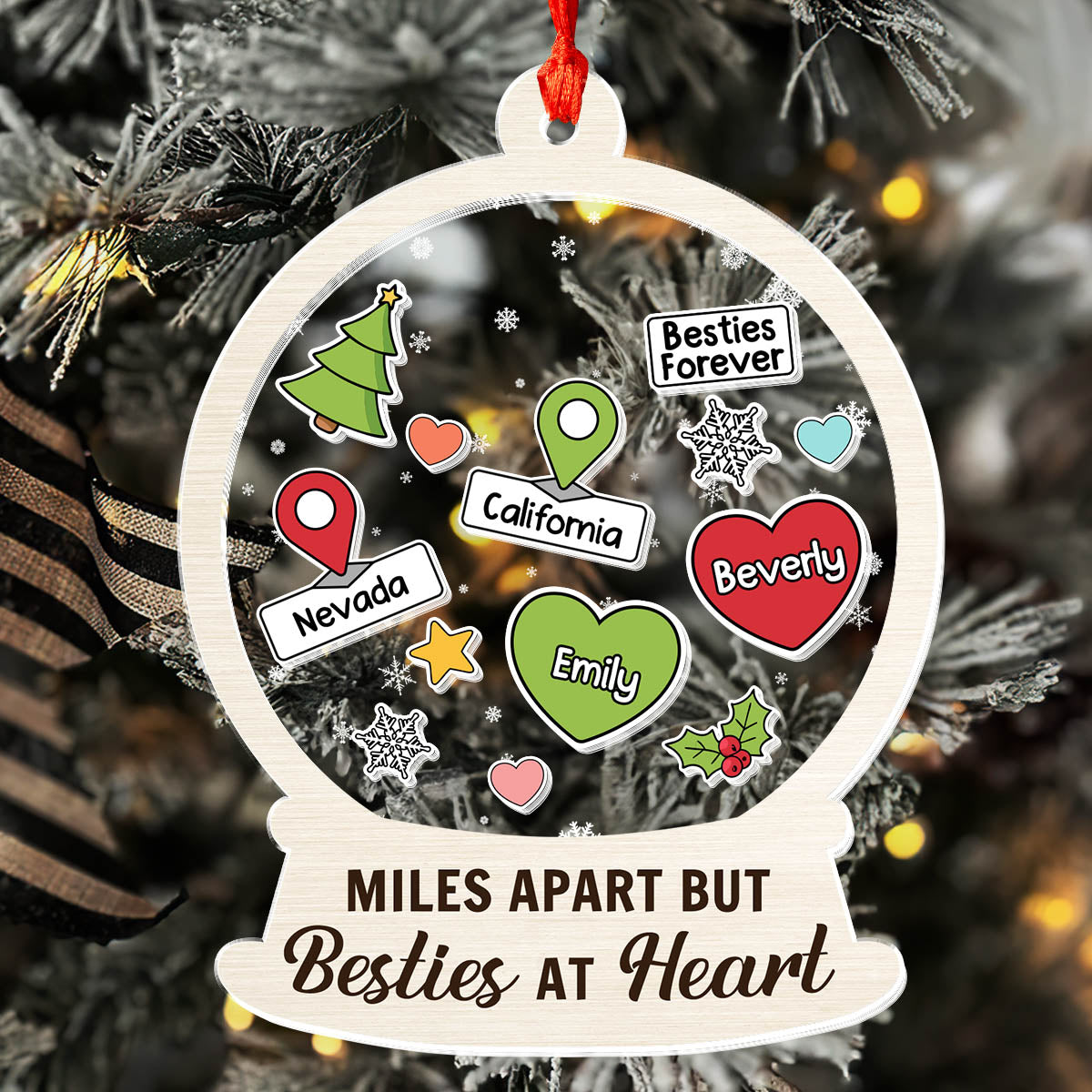 Miles Apart But Besties At Heart - Personalized 3 Layered Christmas Shaker Ornament