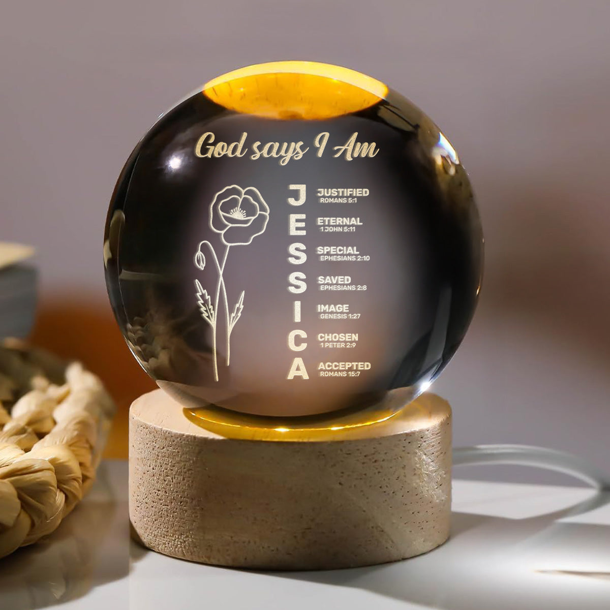 God Says I Am - Personalized Wooden Base Crystal Lamp