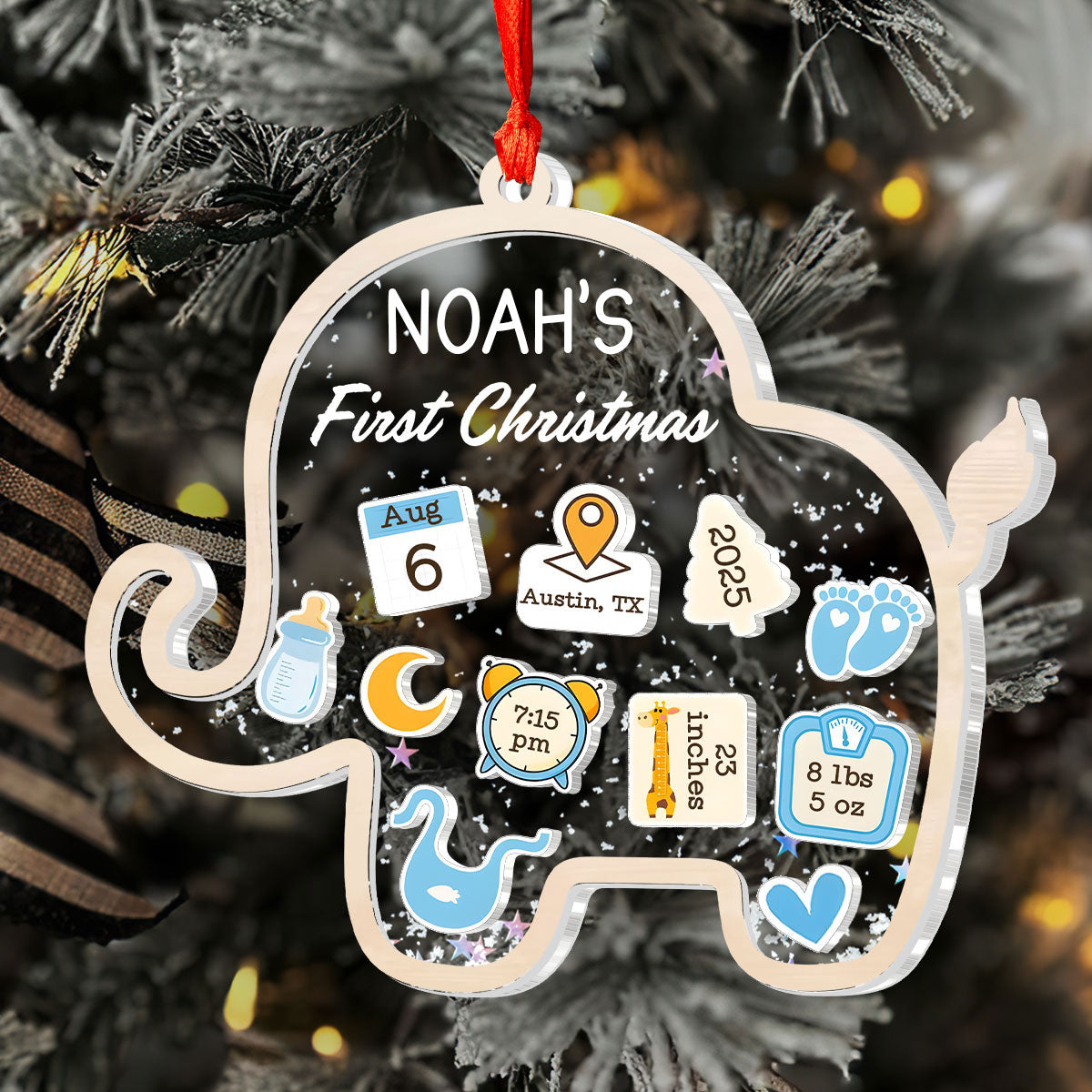 Baby’s First Christmas Elephant Treasure - Personalized 3 Layered Christmas Shaker Ornament