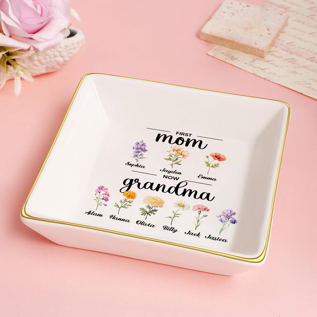 First Mom, Now Grandma Birth Month Flowers - Personalized Jewelry Dish FCJDLETN1867D