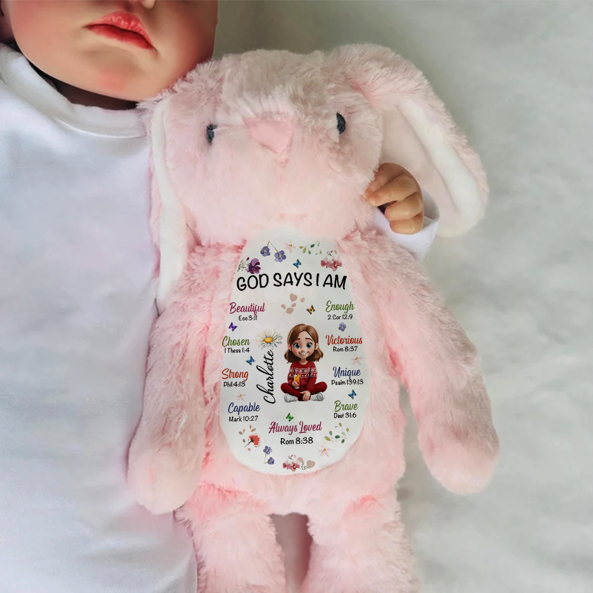 Kid Birth Flower God Says I Am - Personalized Stuffed Bunny