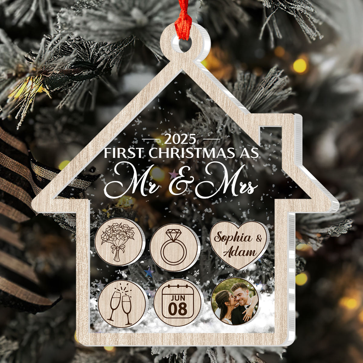 First Christmas As Mr & Mrs For Newly Married Couple - Personalized 3 Layered Christmas Shaker Ornament FCCSOLETN2191L