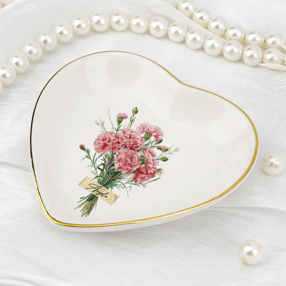 Vintage Birth Month Flower Bouquet - Personalized Heart Shaped Jewelry Dish