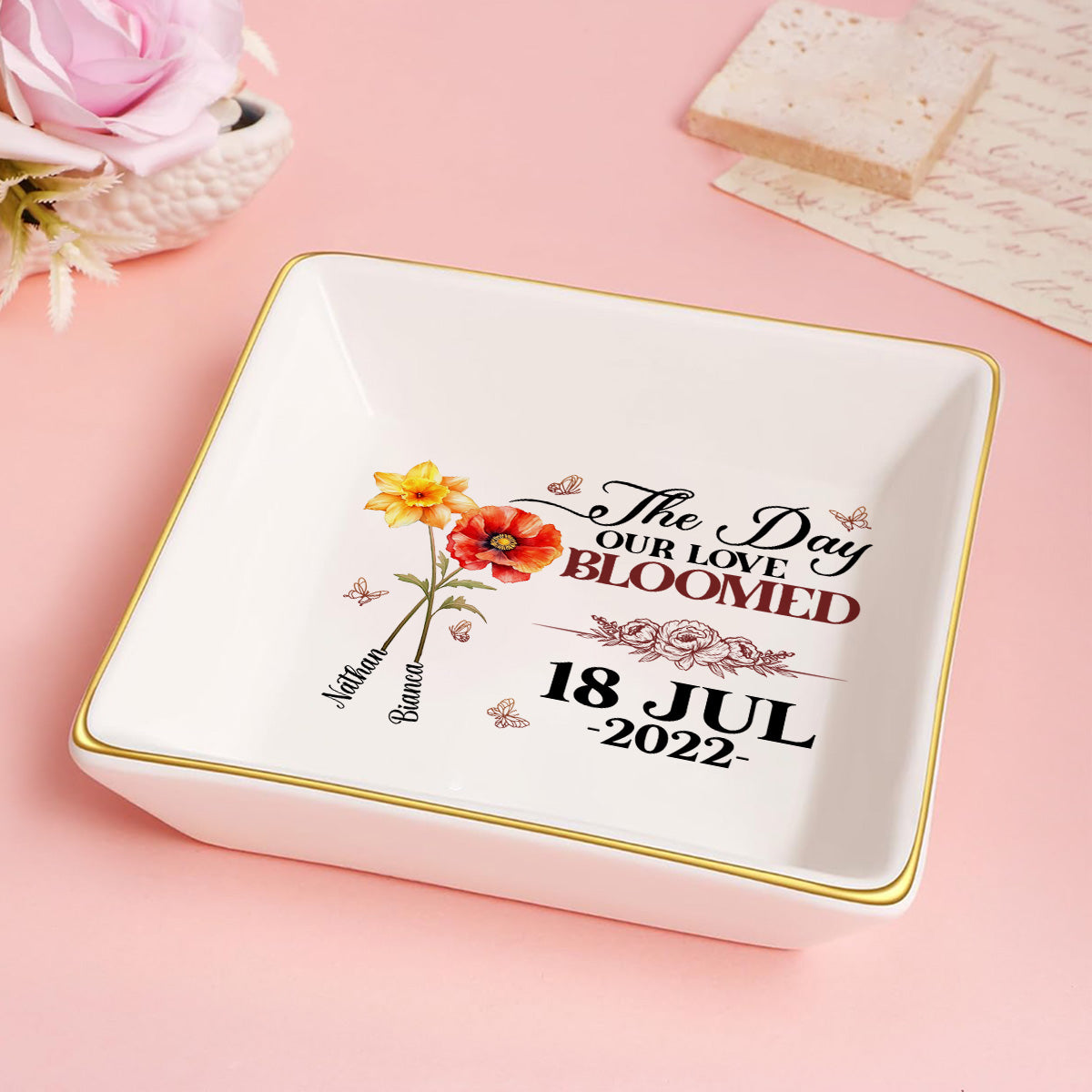 Our Love Bloomed Birth Flowers - Personalized Jewelry Dish