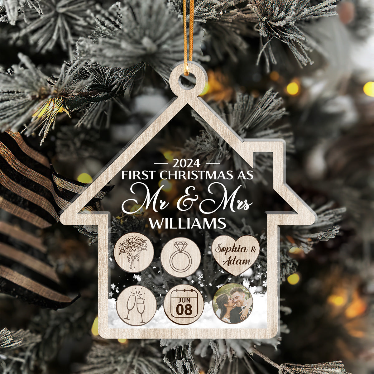 First Christmas As Mr & Mrs For Newly Married Couple - Personalized 3 Layered Christmas Shaker Ornament FCCSOLETN2191L