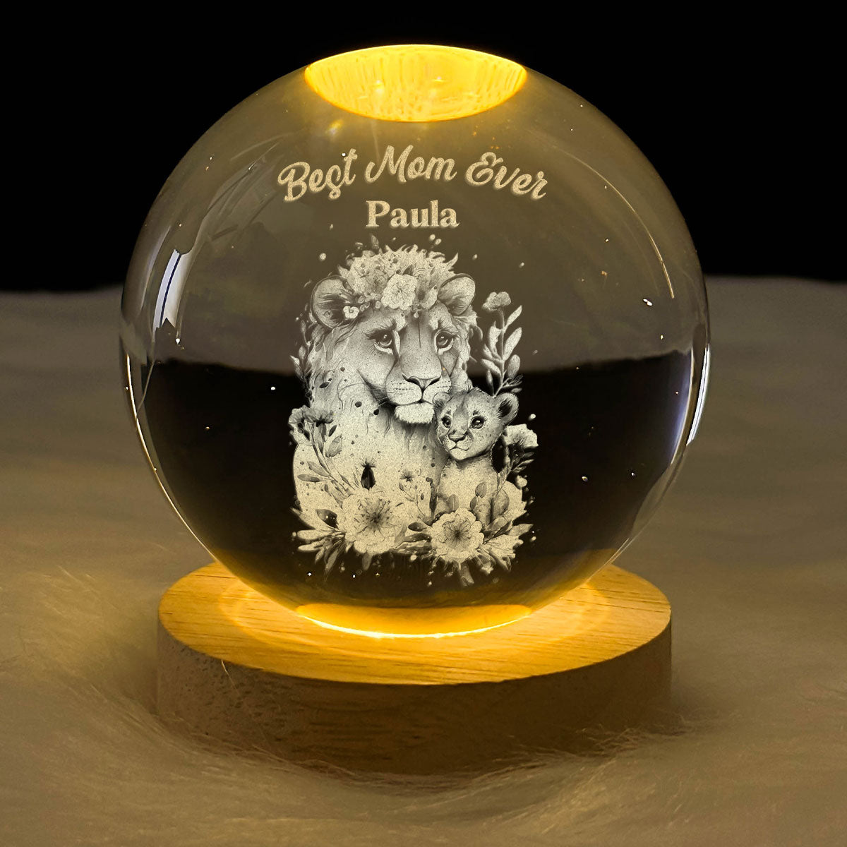 Mama Roar - Personalized Wooden Base Crystal Lamp