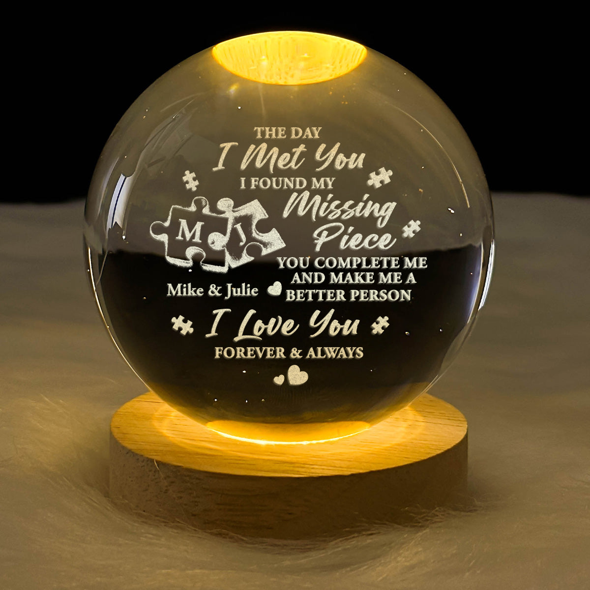 The Day I Met You I Found My Missing Piece - Personalized Wooden Base Crystal Lamp