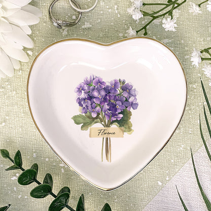 Vintage Birth Month Flower Bouquet - Personalized Heart Shaped Jewelry Dish