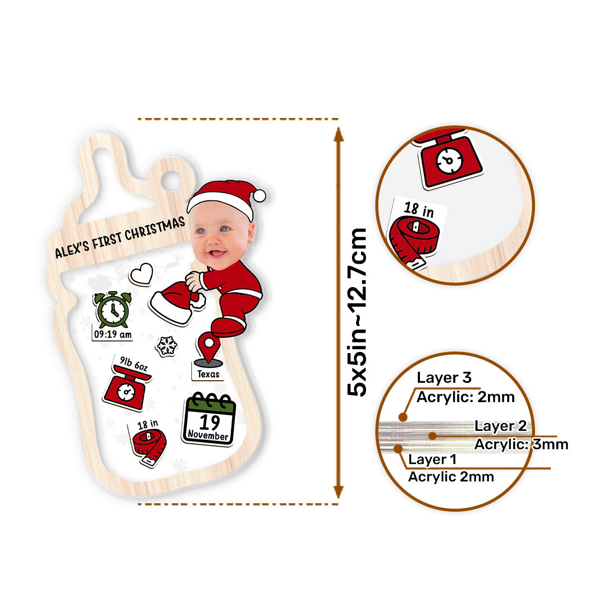 Cute Baby's First Christmas - Personalized 3 Layered Christmas Shaker Ornament FCCSOLETN2174TA