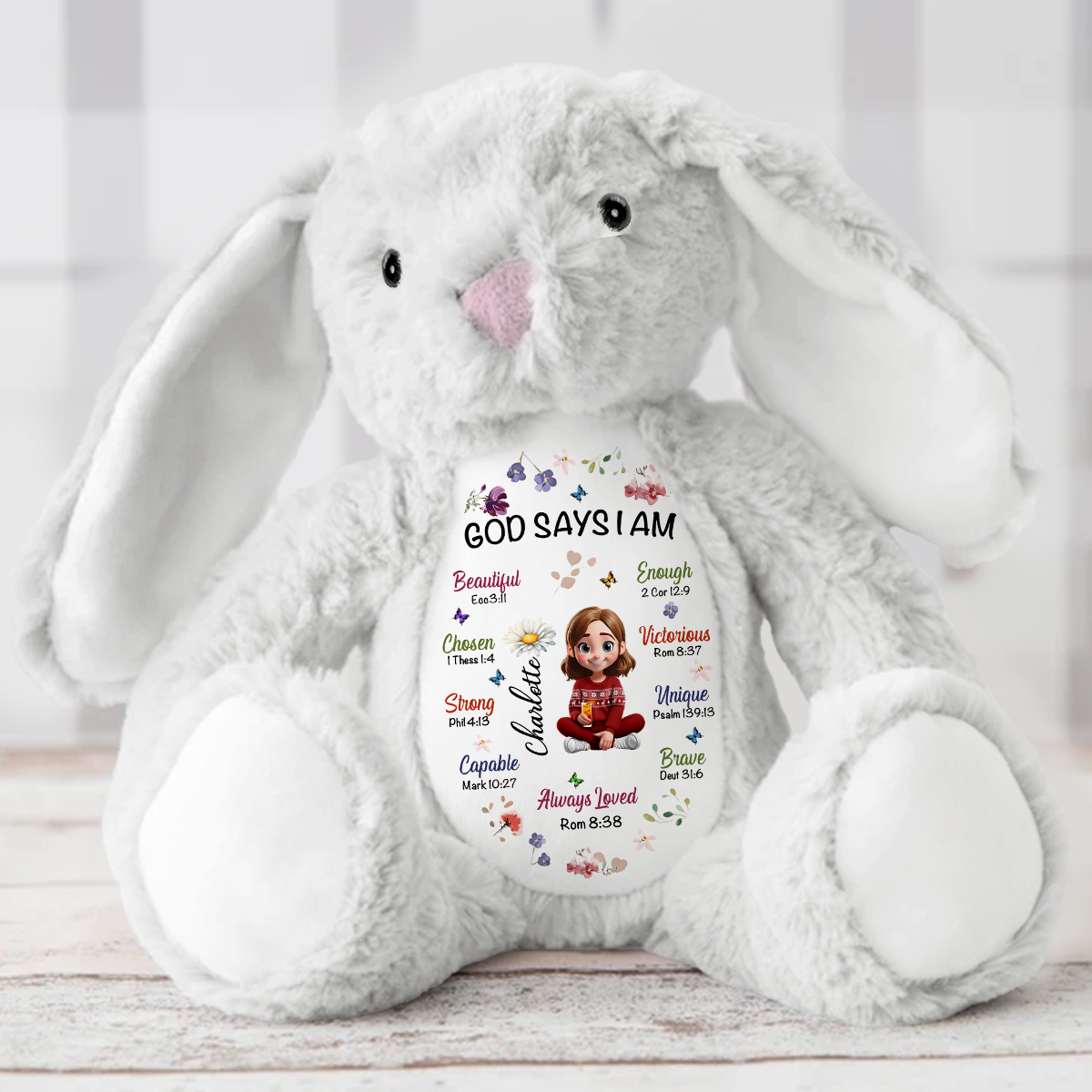 Kid Birth Flower God Says I Am - Personalized Stuffed Bunny