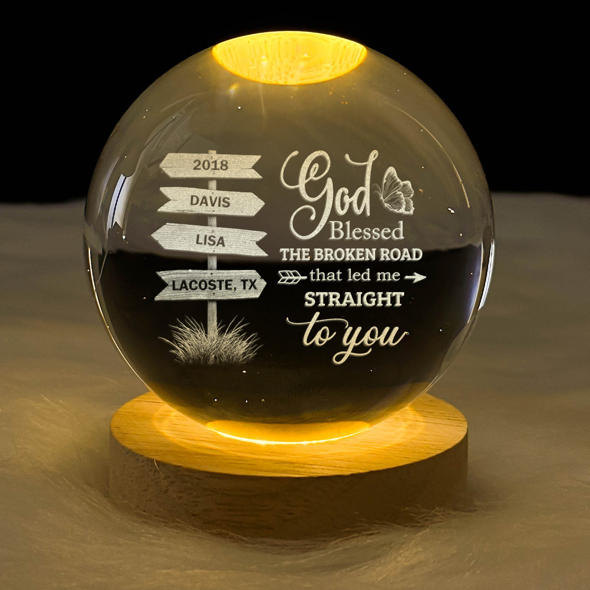 God Blessed The Broken Road - Personalized Wooden Base Crystal Lamp