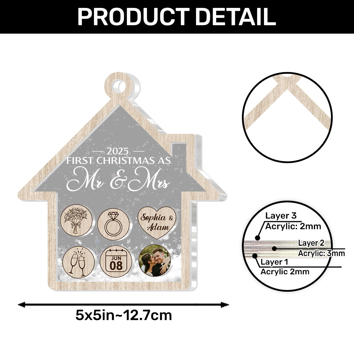 First Christmas As Mr & Mrs For Newly Married Couple - Personalized 3 Layered Christmas Shaker Ornament FCCSOLETN2191L