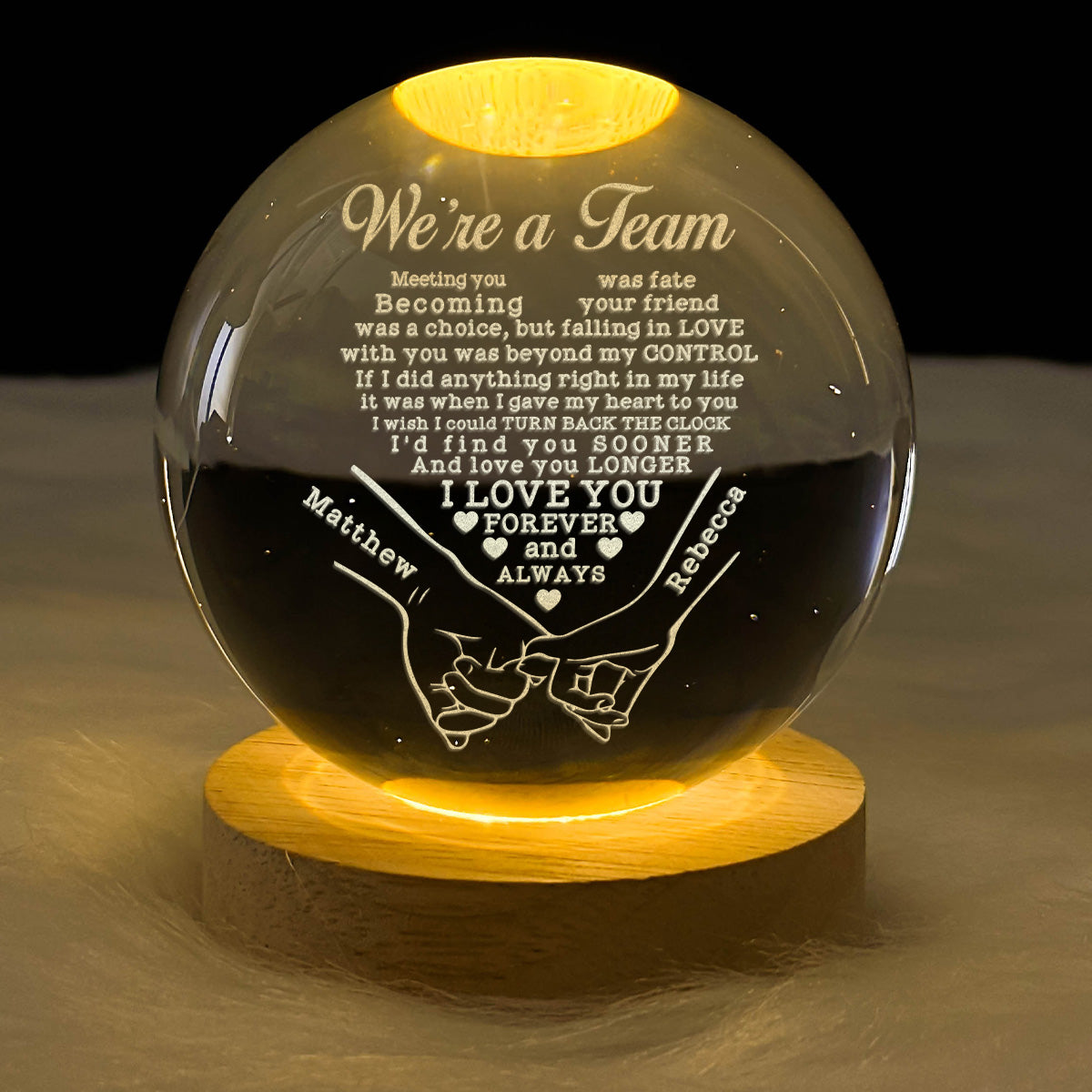 We're A Team - Personalized Wooden Base Crystal Lamp