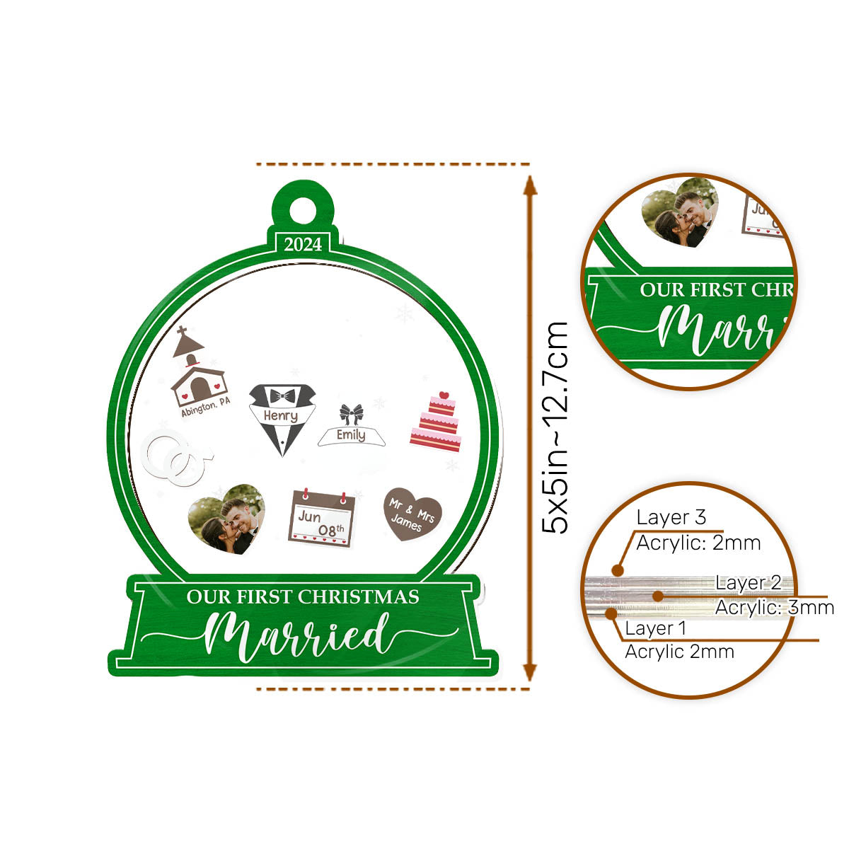 First Christmas Married Couple - Personalized 3 Layered Christmas Shaker Ornament FCCSOLETN2876T