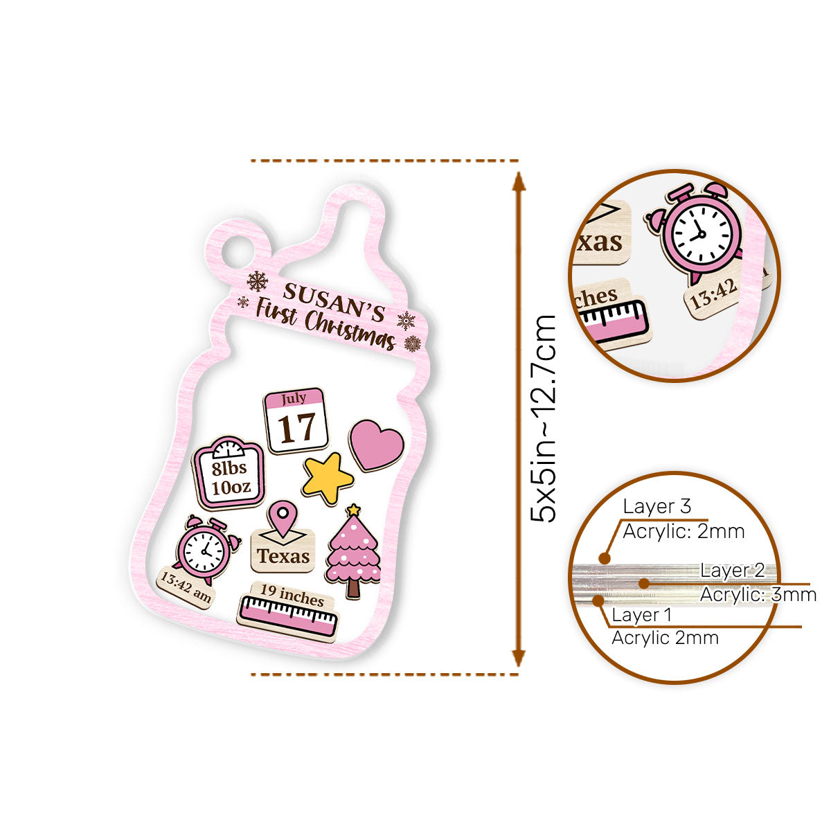 Baby's First Christmas Baby Bottle - Personalized 3 Layered Christmas Shaker Ornament FCCSOLEHA2469L