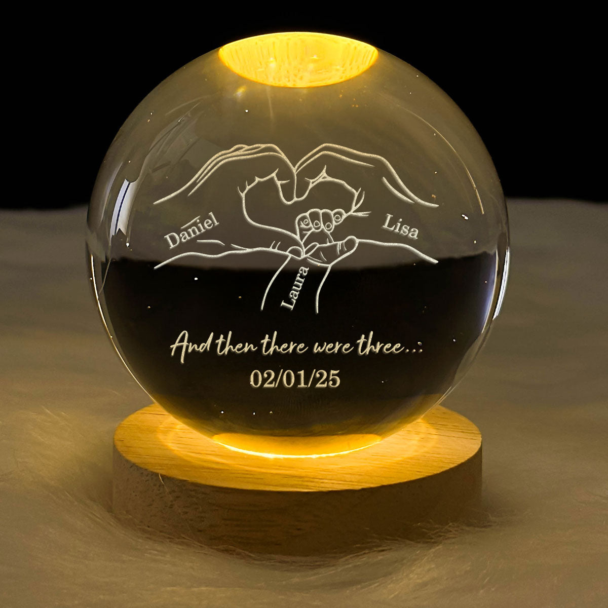 And Then There Were Three First Mom, First Dad - Personalized Crystal Ball Night Light