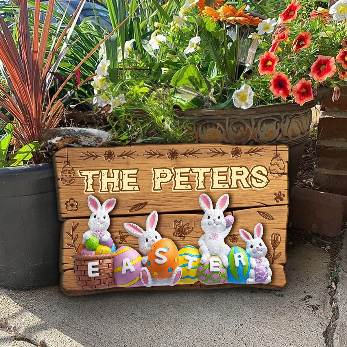 3D Easter Bunny Eggs - Personalized Wooden Sign