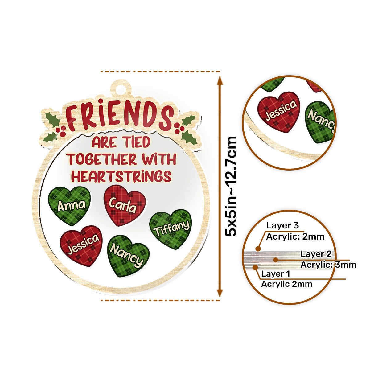 Besties Are Tied Together With Heartstrings - Personalized 3 Layered Christmas Shaker Ornament