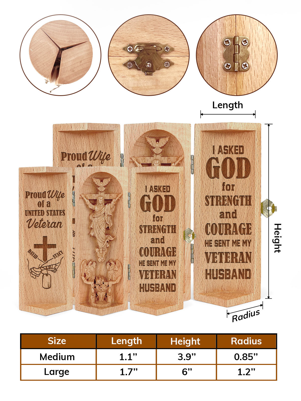 Proud Wife Of A United States Veteran - Personalized Openable Wooden Cylinder Sculpture of Jesus Christ FCWJCLEHA1888M