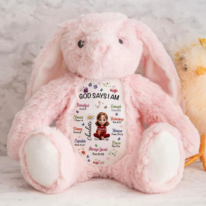 Kid Birth Flower God Says I Am - Personalized Stuffed Bunny