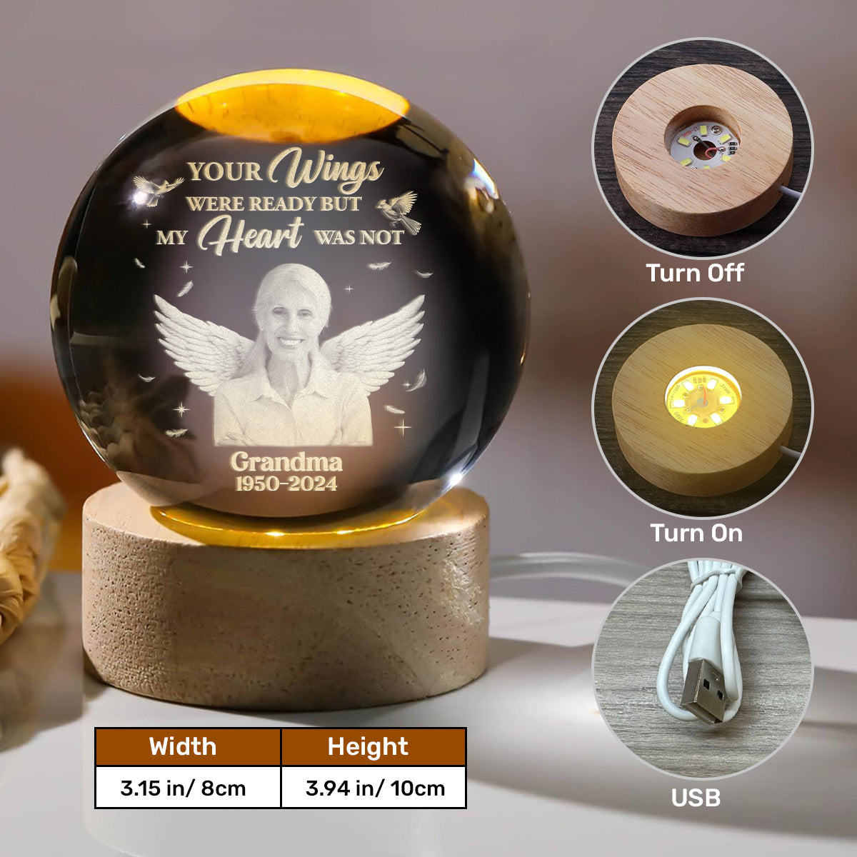 Your Wings Were Ready But My Heart Was Not - Personalized Crystal Ball Night Light
